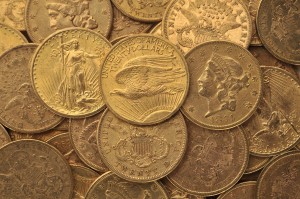 A close-up of a selection of the coins